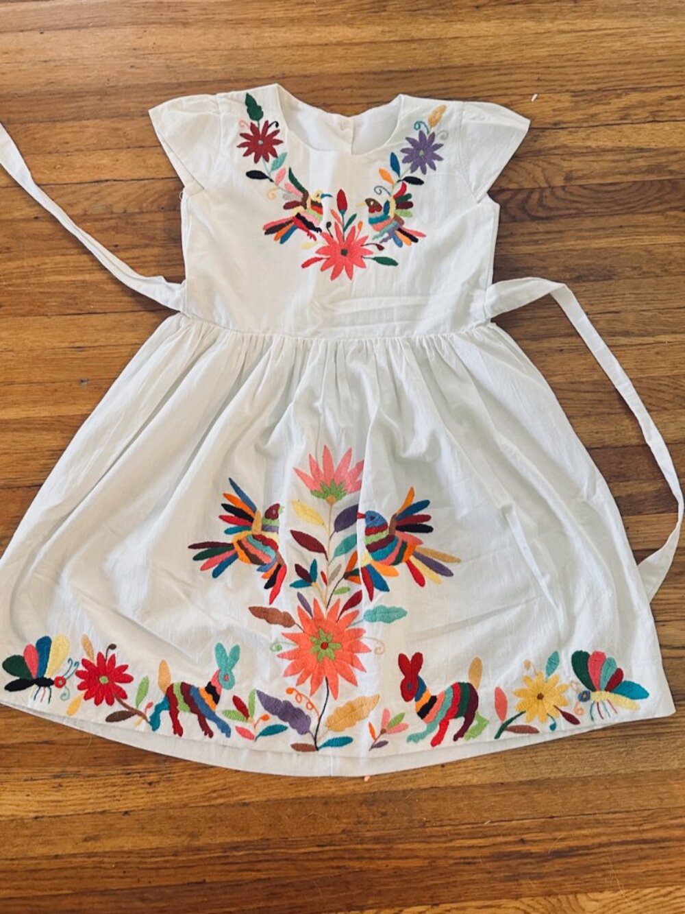 Handmade Mexican Otomi Tenango Embroidered Girls Dress Hummingbird Floral